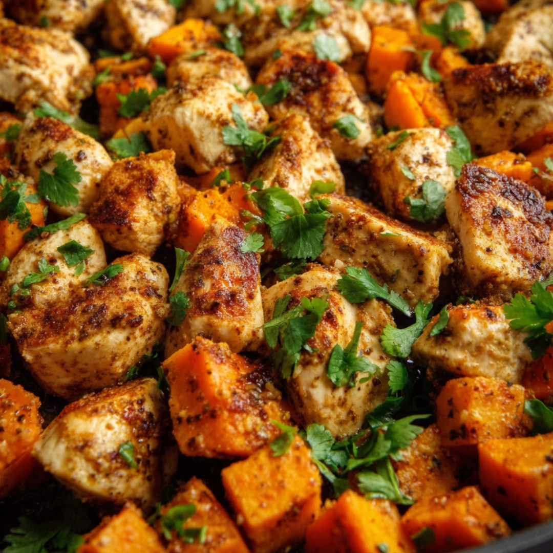 A skillet filled with chicken and carrots.