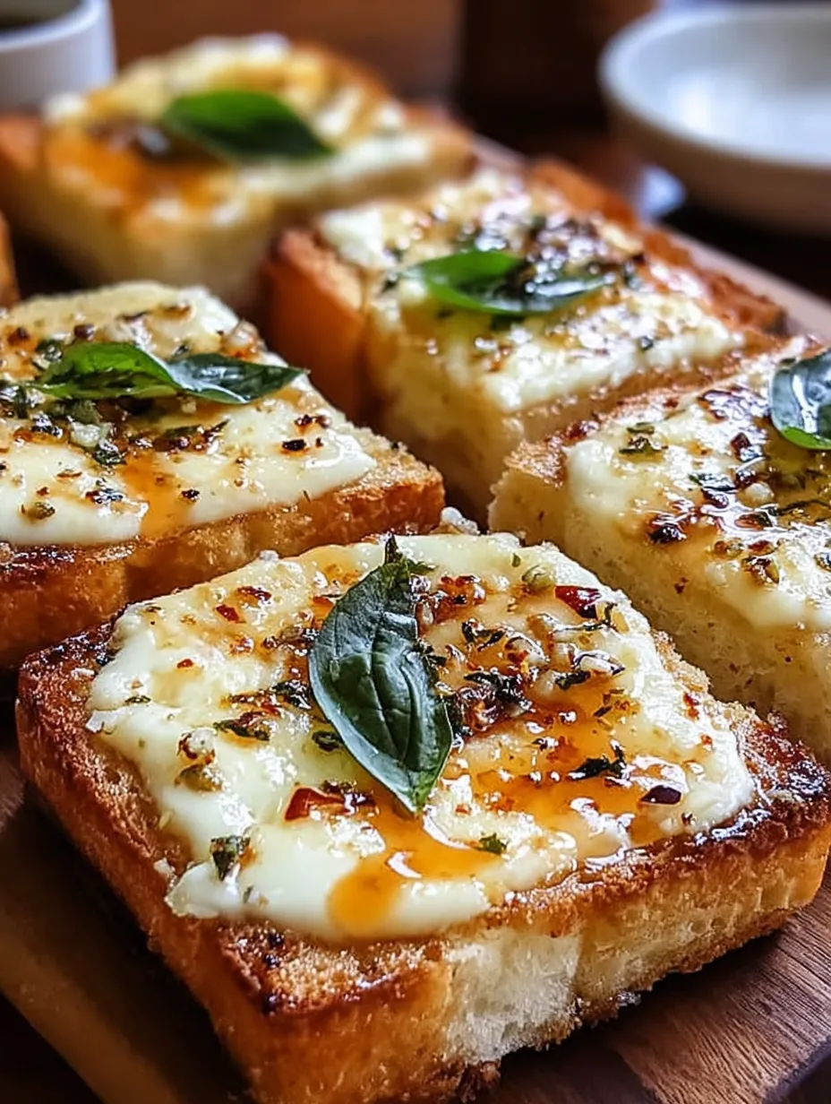 Slices of bread loaded with gooey cheese and fresh herbs.