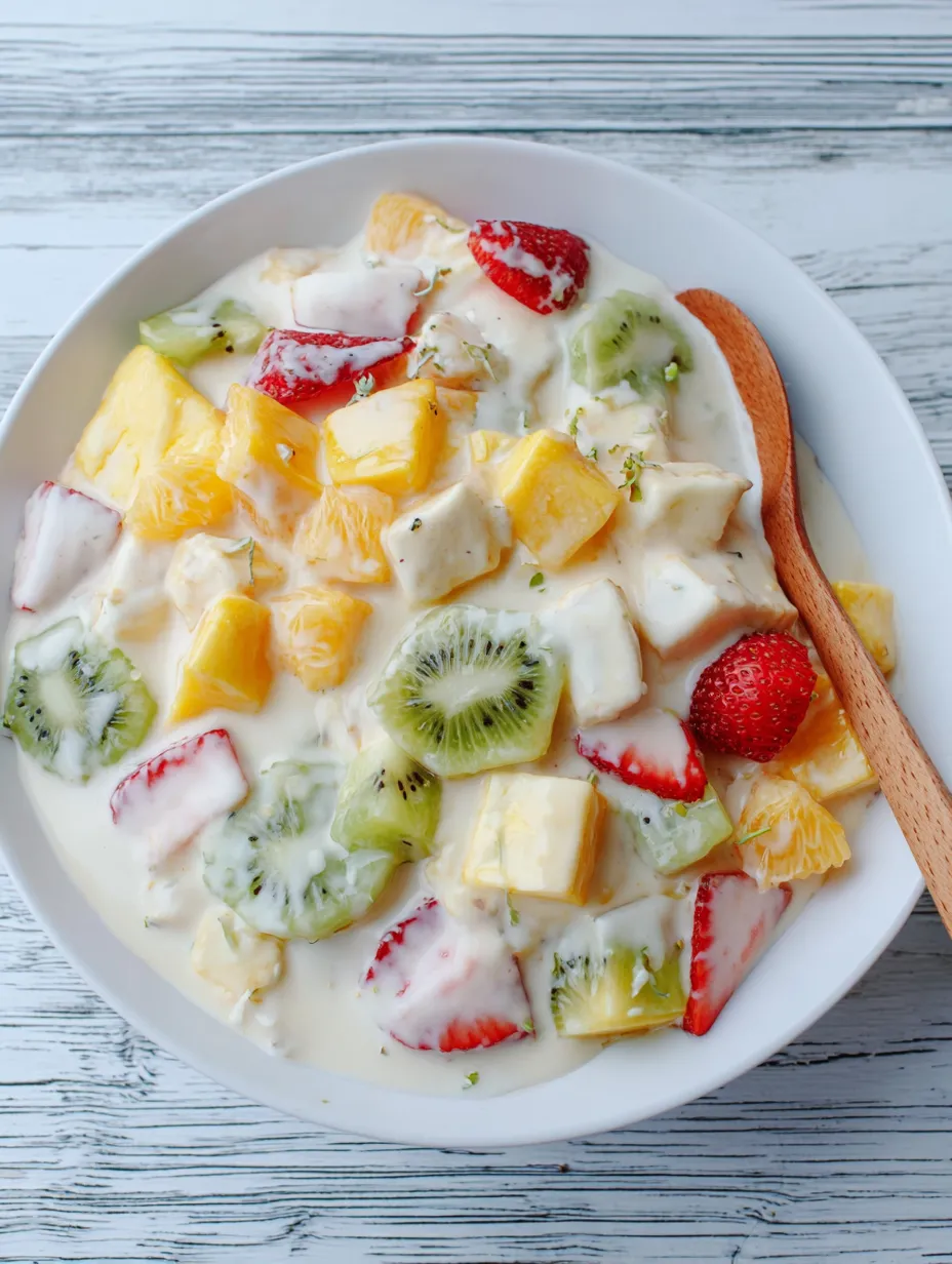 A bowl with tropical fruit like strawberries and kiwi.
