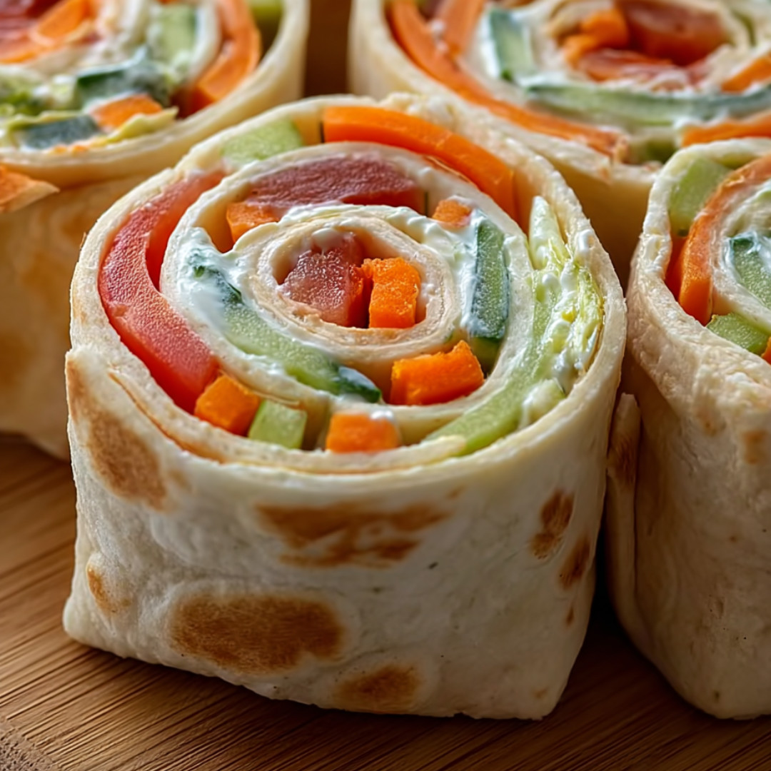 Tortilla roll ups piled on a plate with veggies in view.