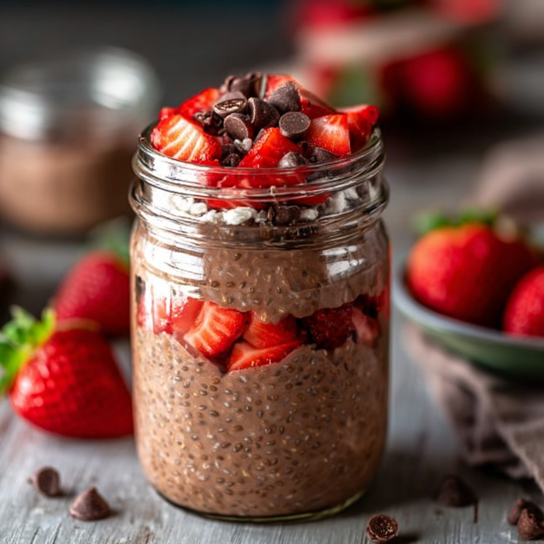 Jar loaded with chocolate and strawberries.
