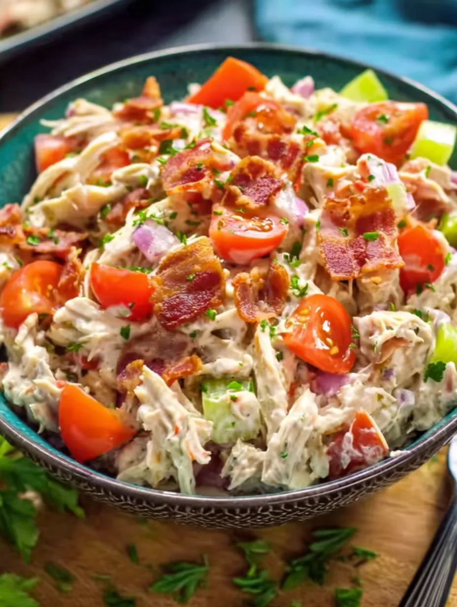 A bowl of chicken salad with tomatoes.