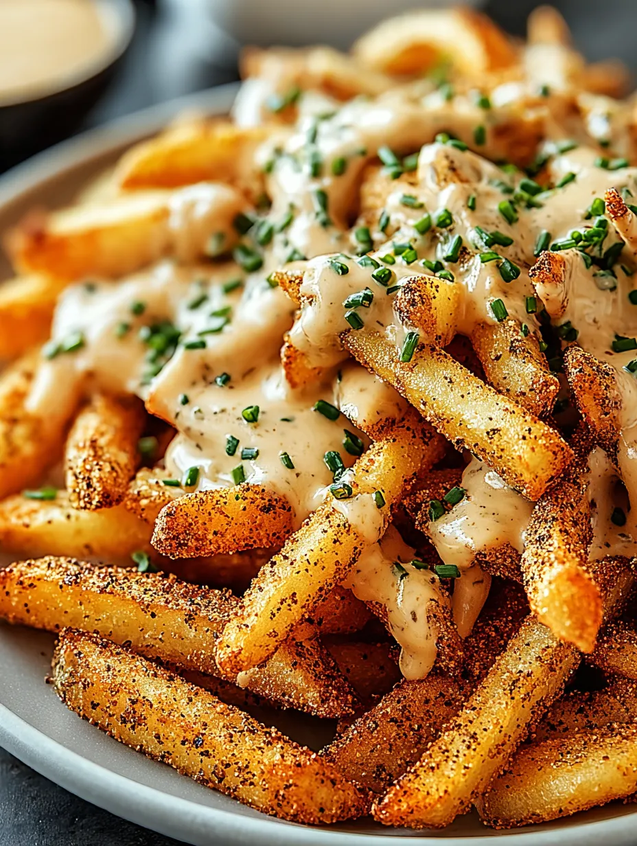 A plate of french fries with cheese and herbs.