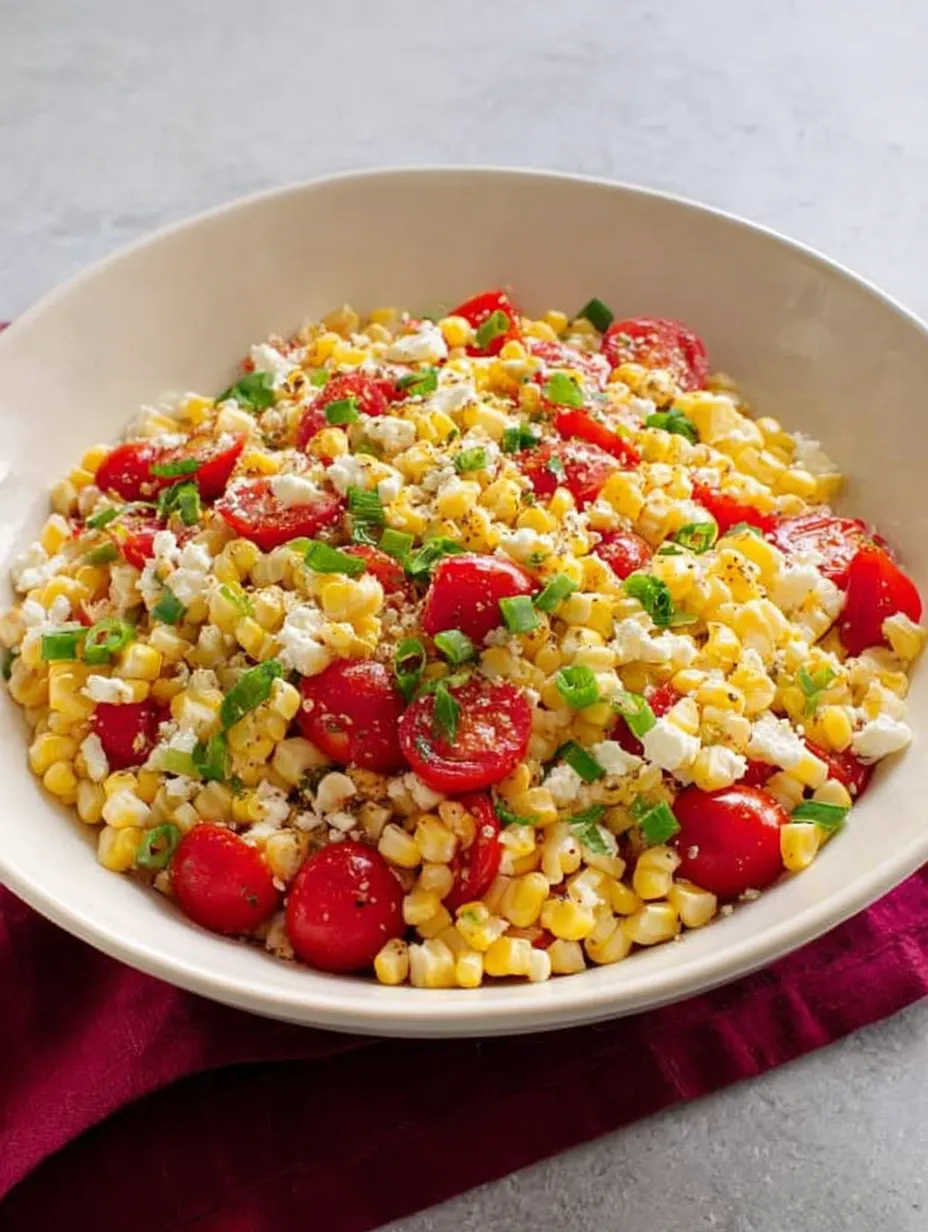 A bowl of food with tomatoes, corn, and cheese.