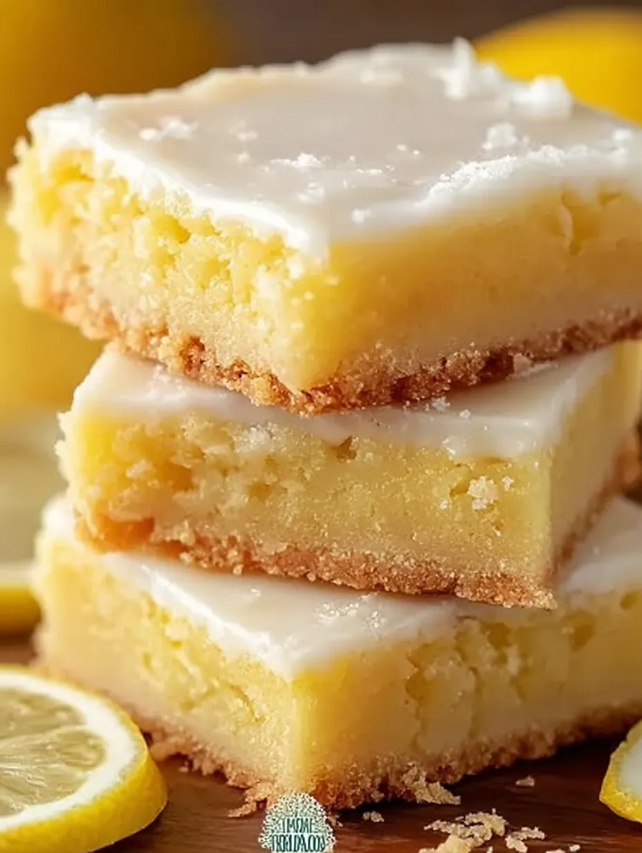 Three pieces of lemon cake stacked on top of each other.