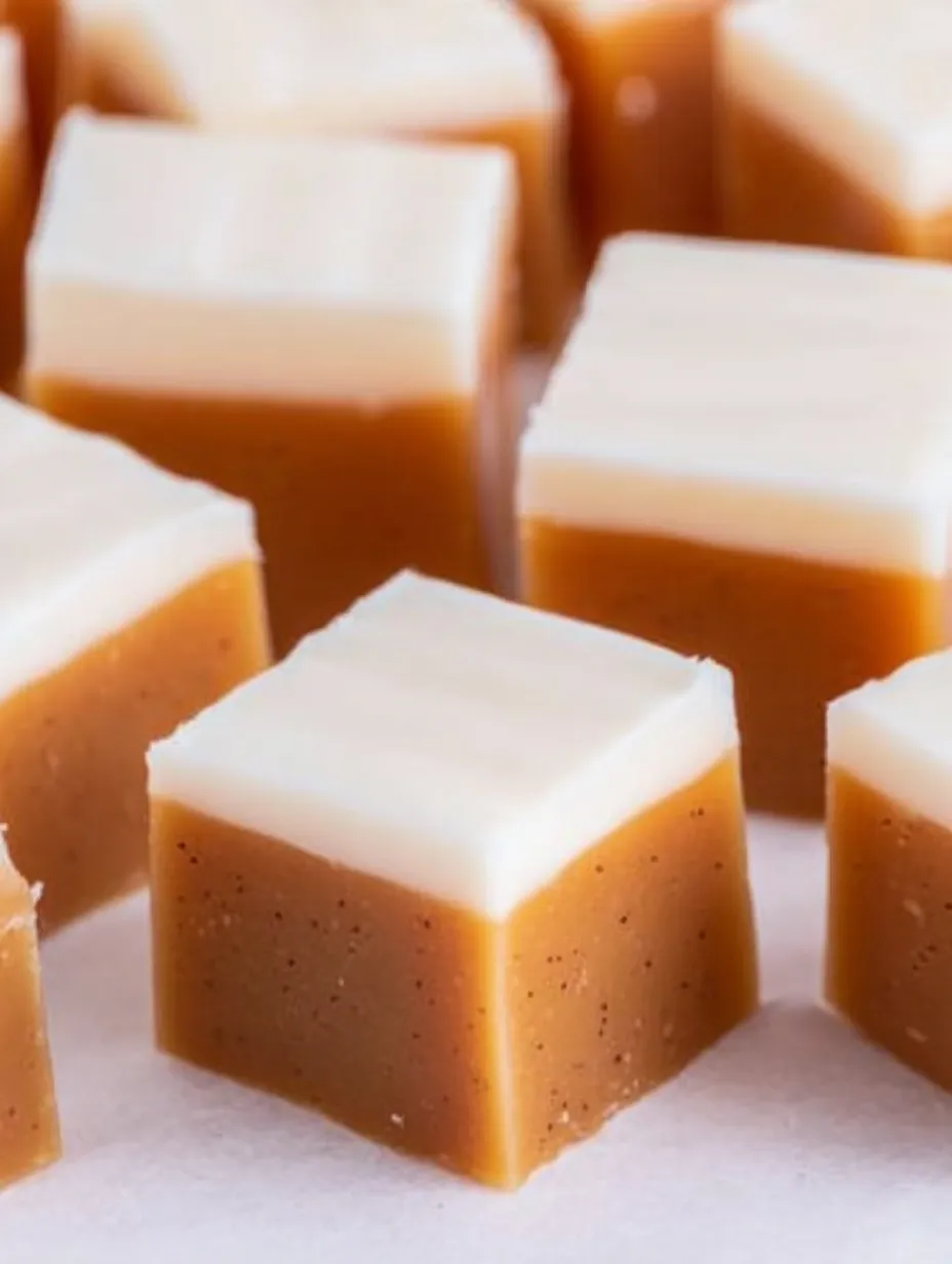 A square of cake with a white and brown frosting.
