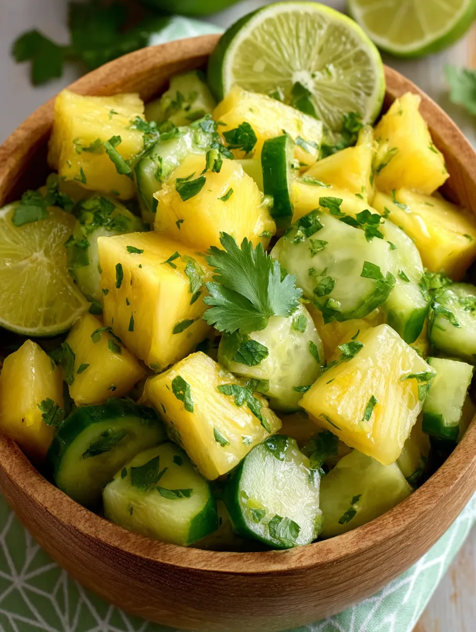 A bowl of food with lime, cucumber, and pineapple.
