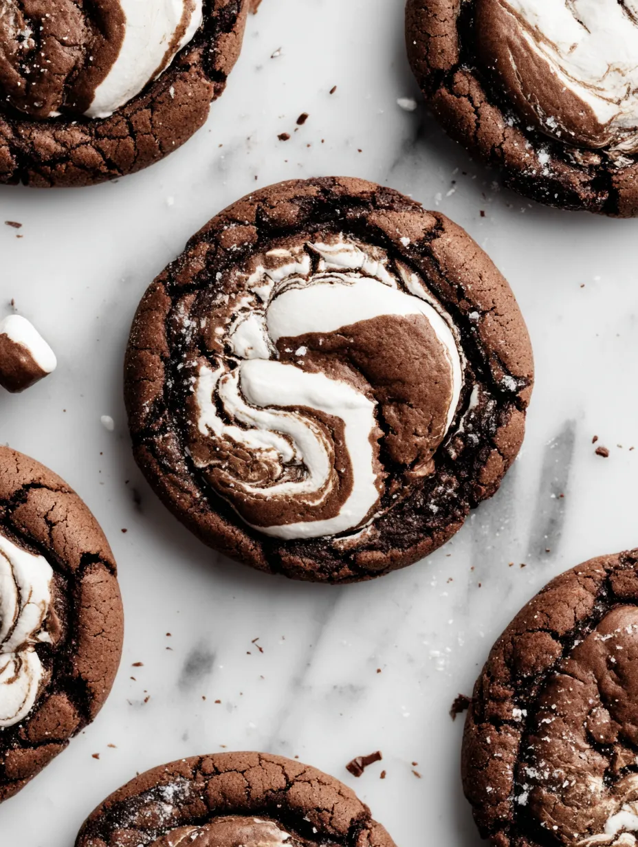A chocolate cookie with white icing and a swirl design.