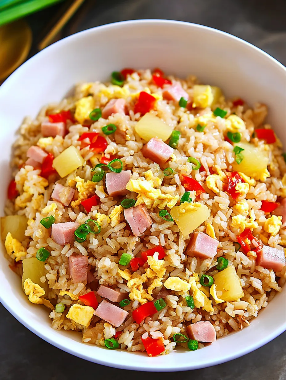 A bowl of rice with ham and pineapple.
