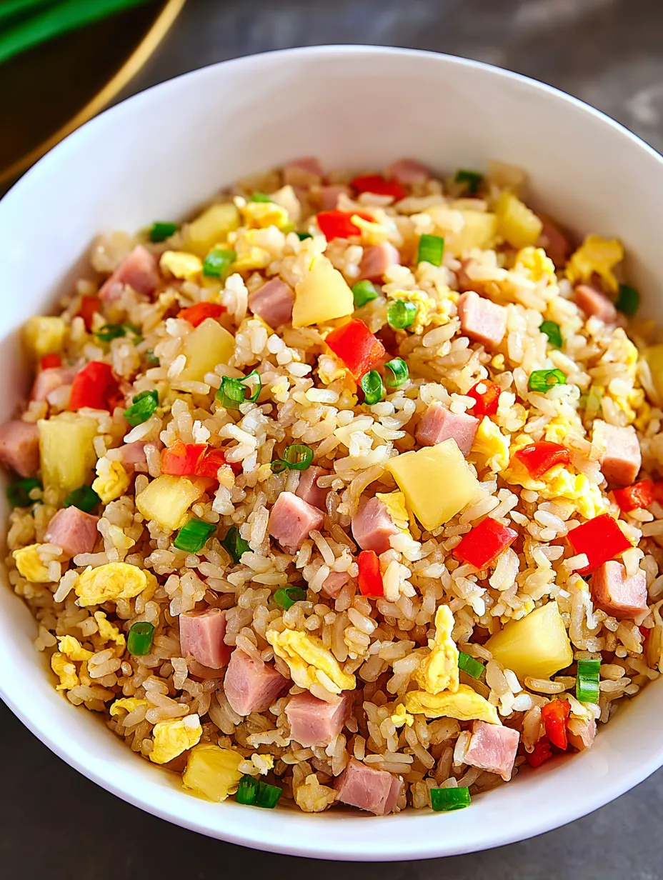 A bowl of rice with ham and pineapple.