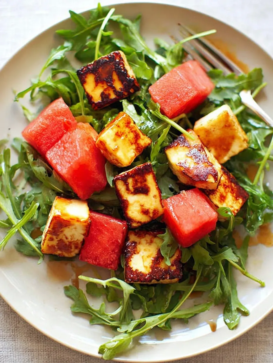 A plate of food with a slice of watermelon and a slice of cheese.