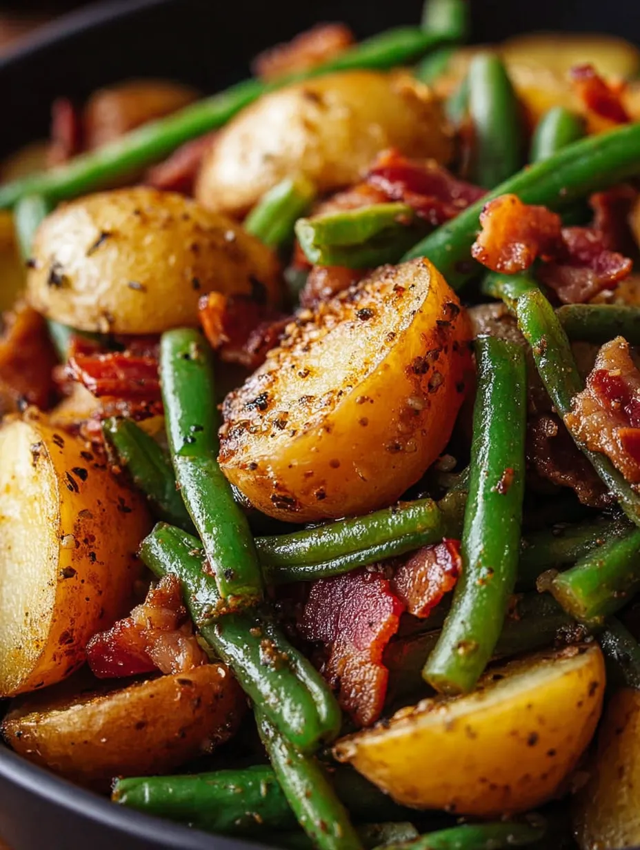 A close up of a plate of food with green beans and potatoes.
