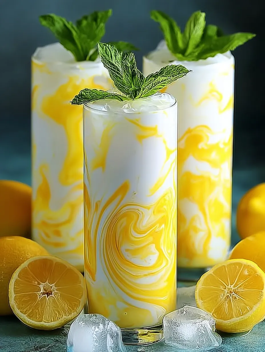 Two glasses of yellow and white drinks with lemon slices in them.
