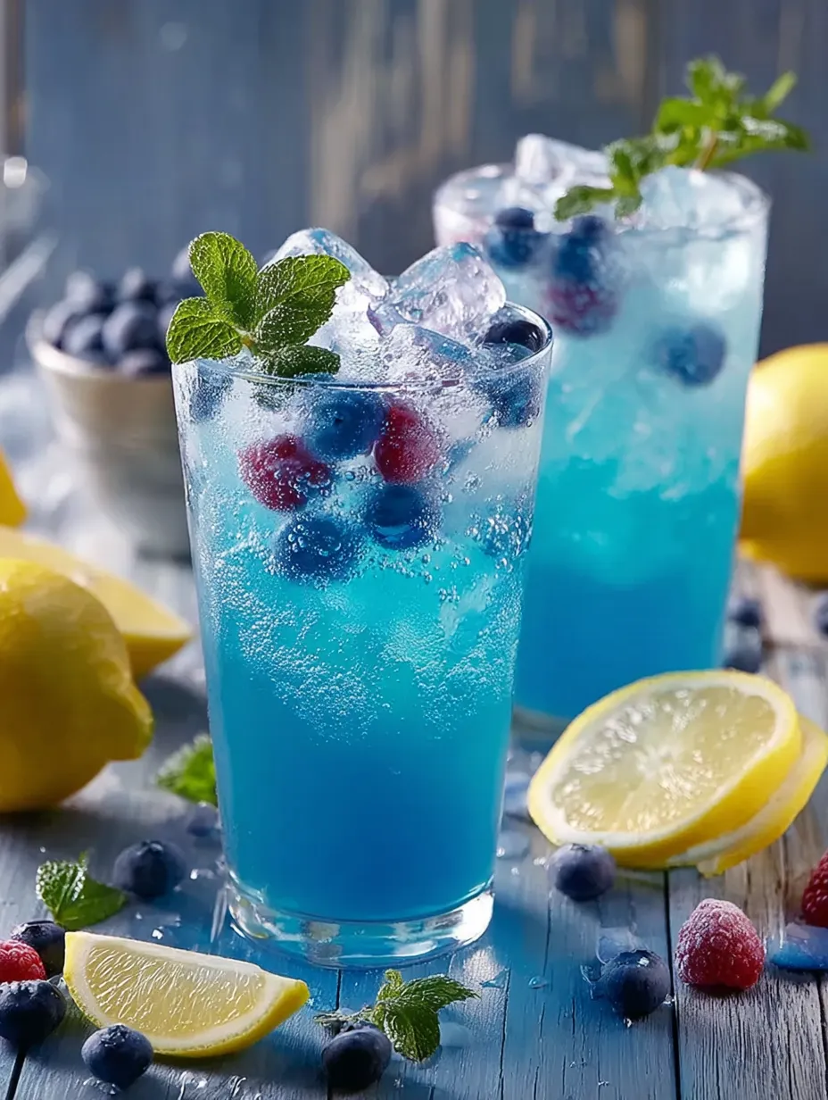 Two blue drinks with lemon and blueberries.