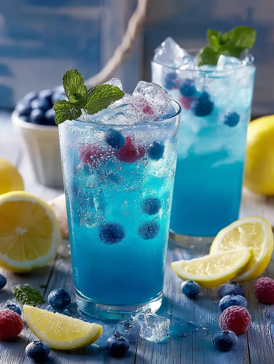 Two glasses of blue lemonade with blueberries and mint.