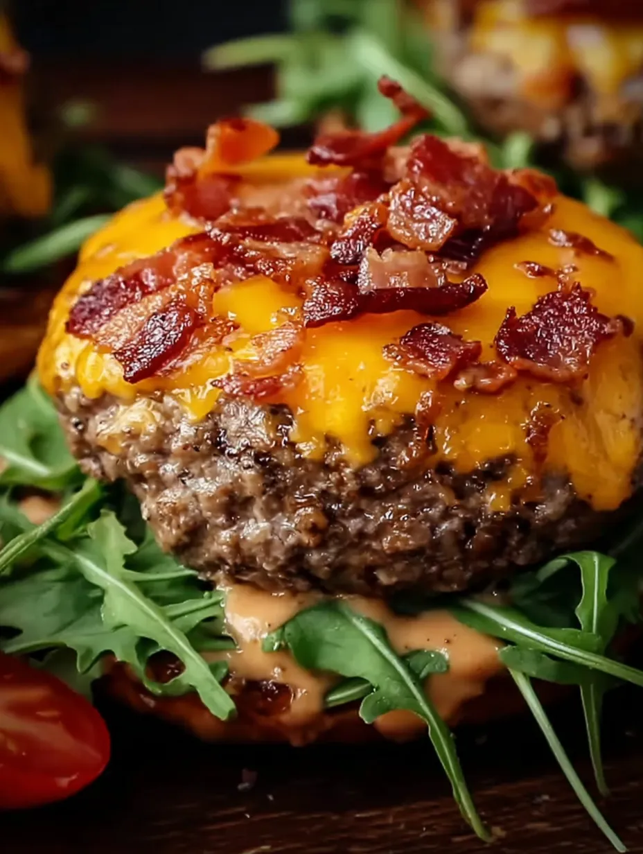 A burger with bacon and lettuce.