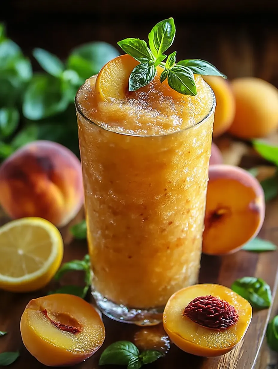 A glass of fruit juice with a lemon wedge and a mint sprig on top.