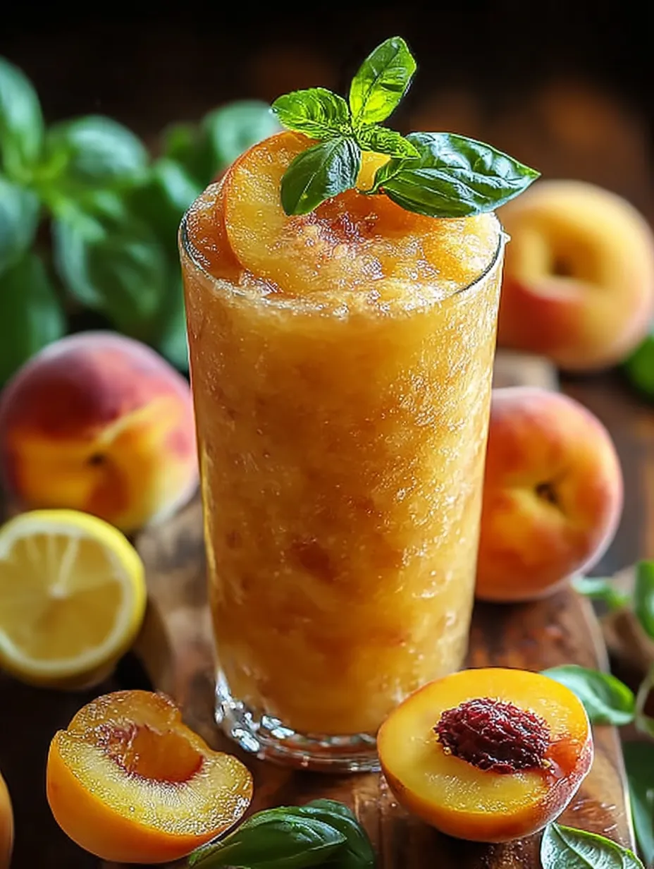 A glass of peach juice with a lemon wedge on top.