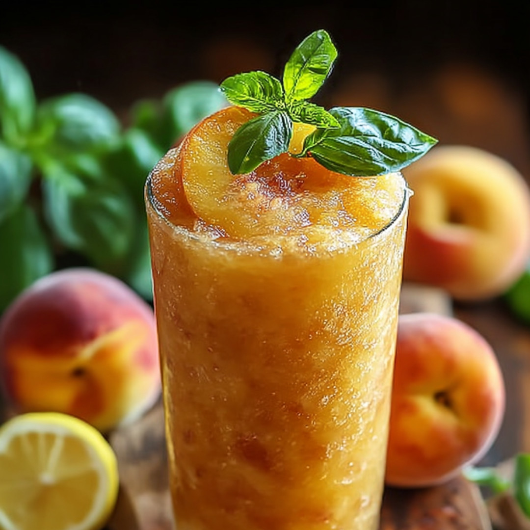 A glass of peach juice with a lemon wedge on top.