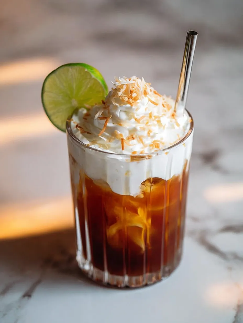 A glass of coconut milk with a lime wedge.