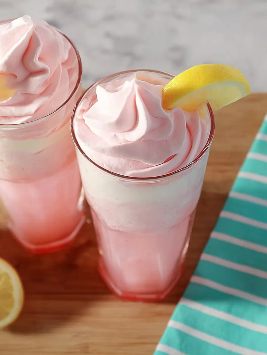 Two glasses of pink drink with lemon slices in them.