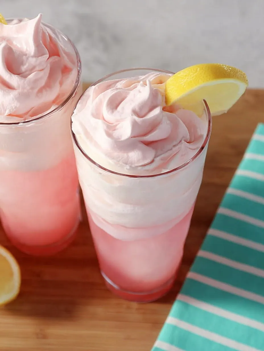 Two glasses of pink drink with lemon slices.