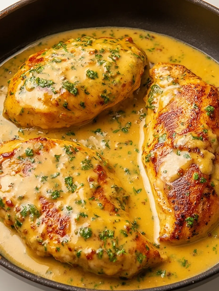 A close up of a piece of chicken in a creamy sauce.