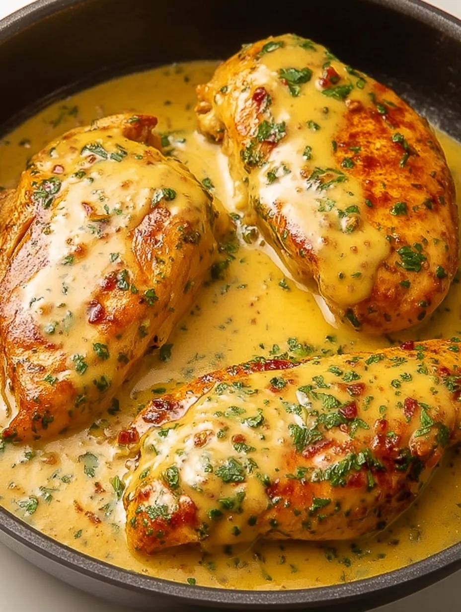 Chicken with sauce and herbs.