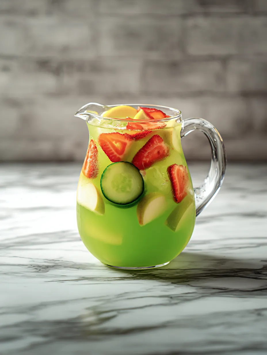 A glass of fruit juice with strawberries, cucumber, and lime.