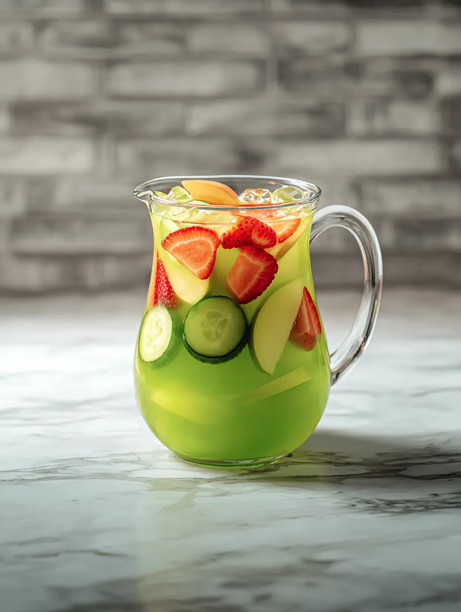 A glass of fruit juice with strawberries, cucumbers, and oranges.