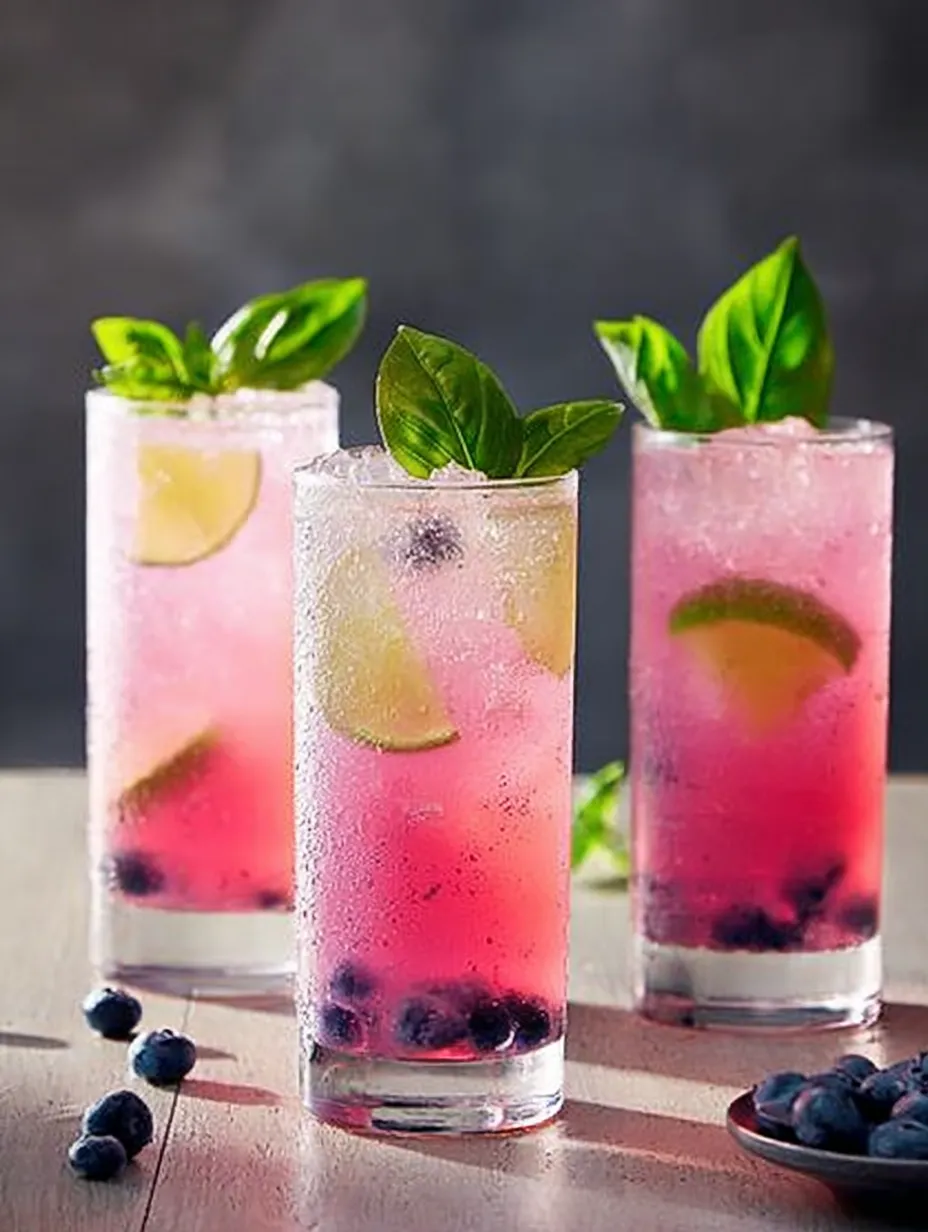 Three glasses of pink drink with blueberries in them.
