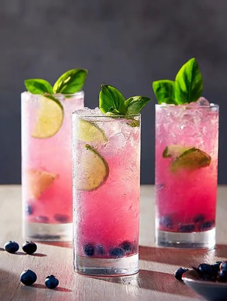 Three glasses of pink drink with blueberries.