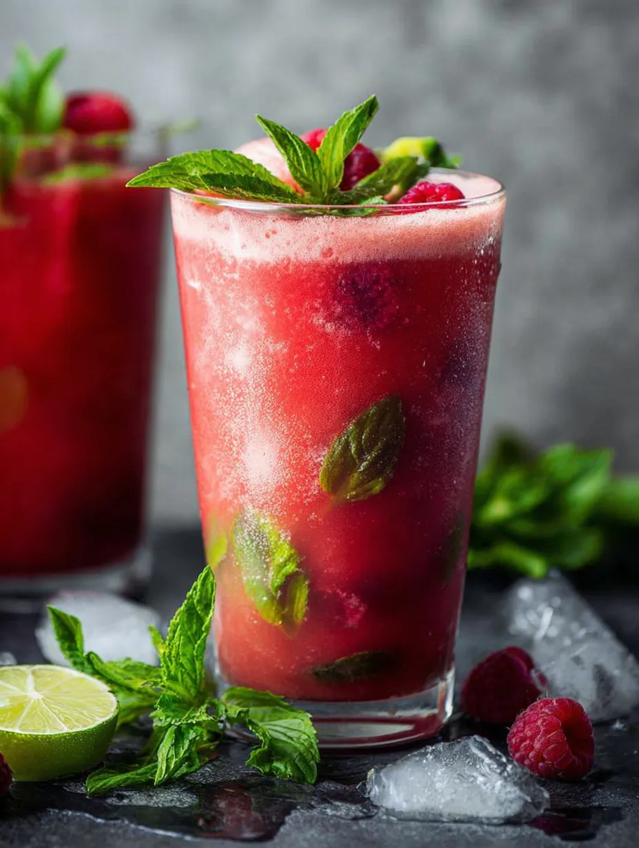 A glass of red juice with mint leaves.