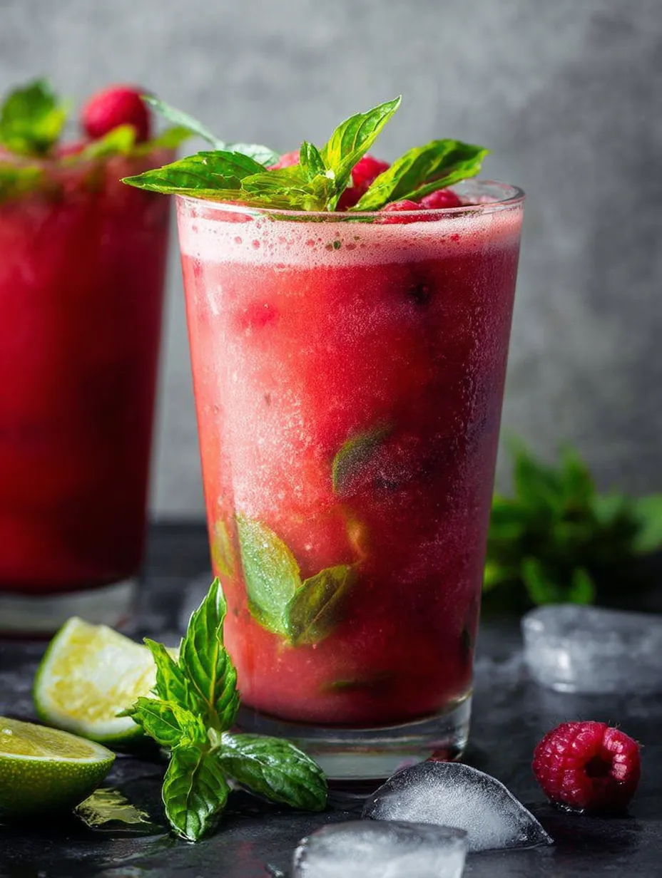A glass of red juice with mint leaves.