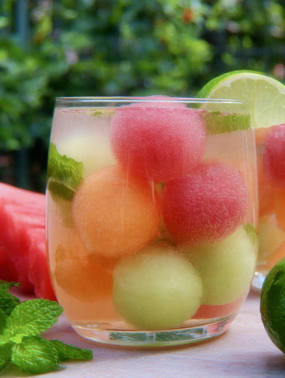 A glass of watermelon juice with fruit balls in it.