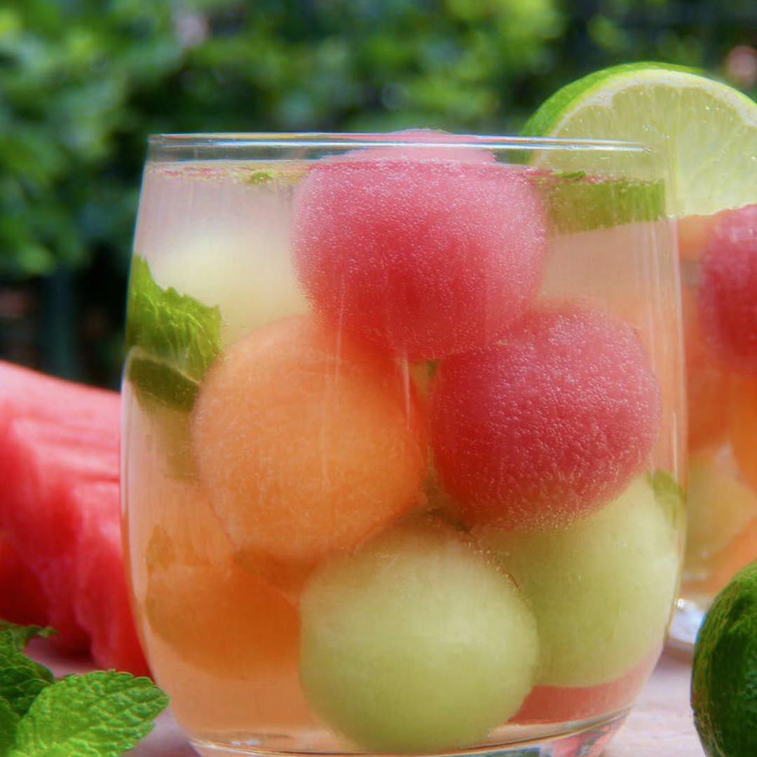 A glass of watermelon juice with a slice of watermelon and a lime wedge.