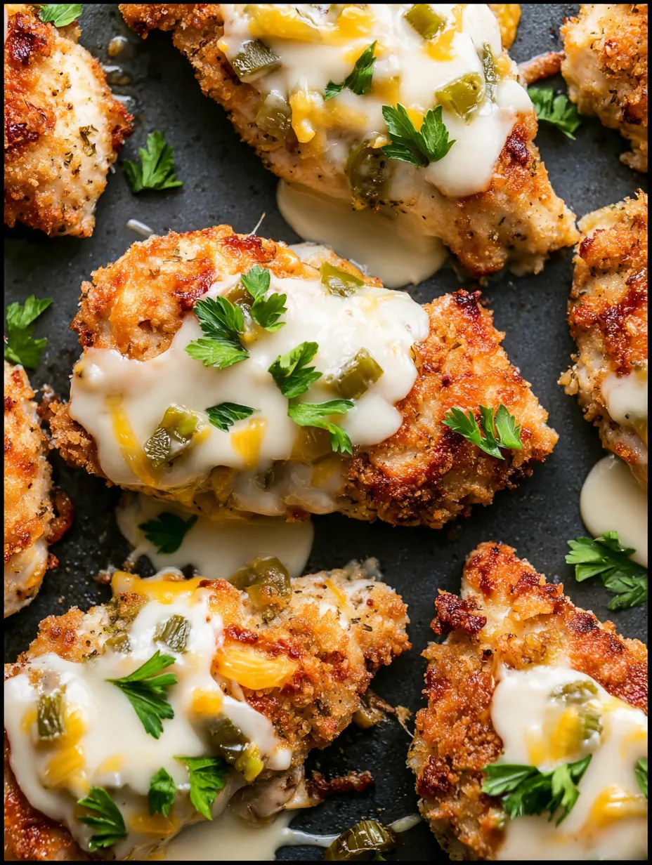Chicken with sauce and green peppers.