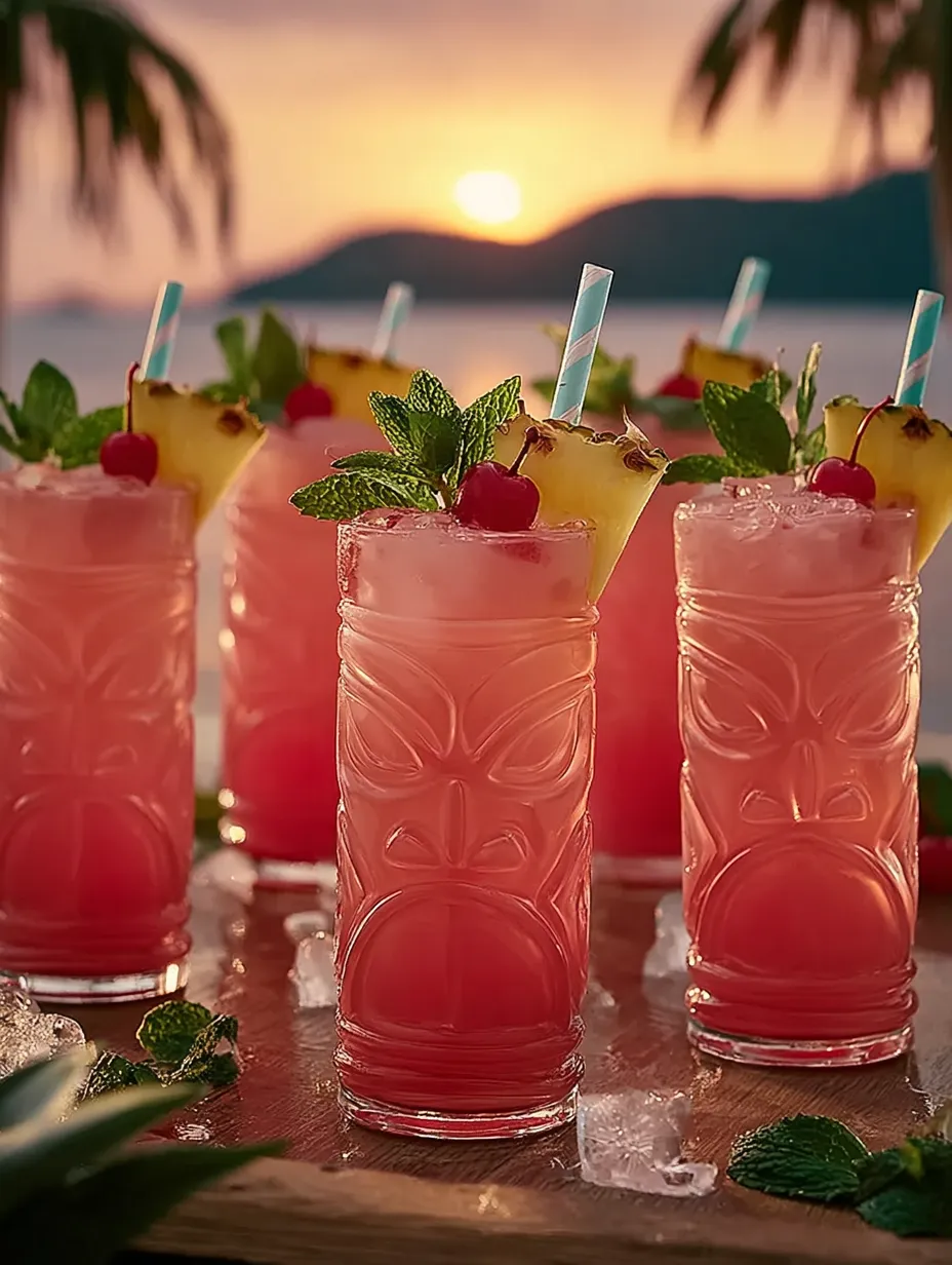 Pink drinks with straws and fruit.