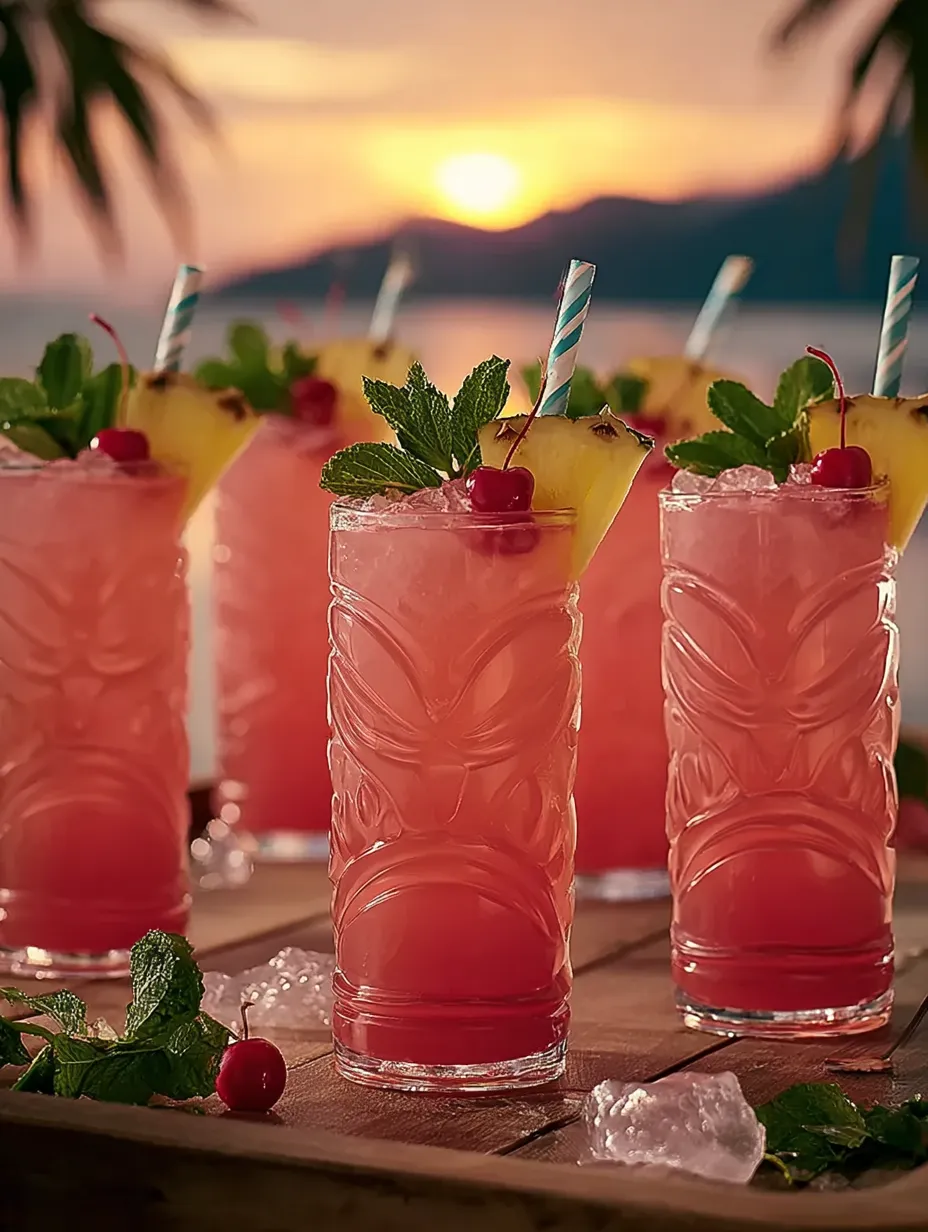 Pink drinks with straws and fruit garnishes.