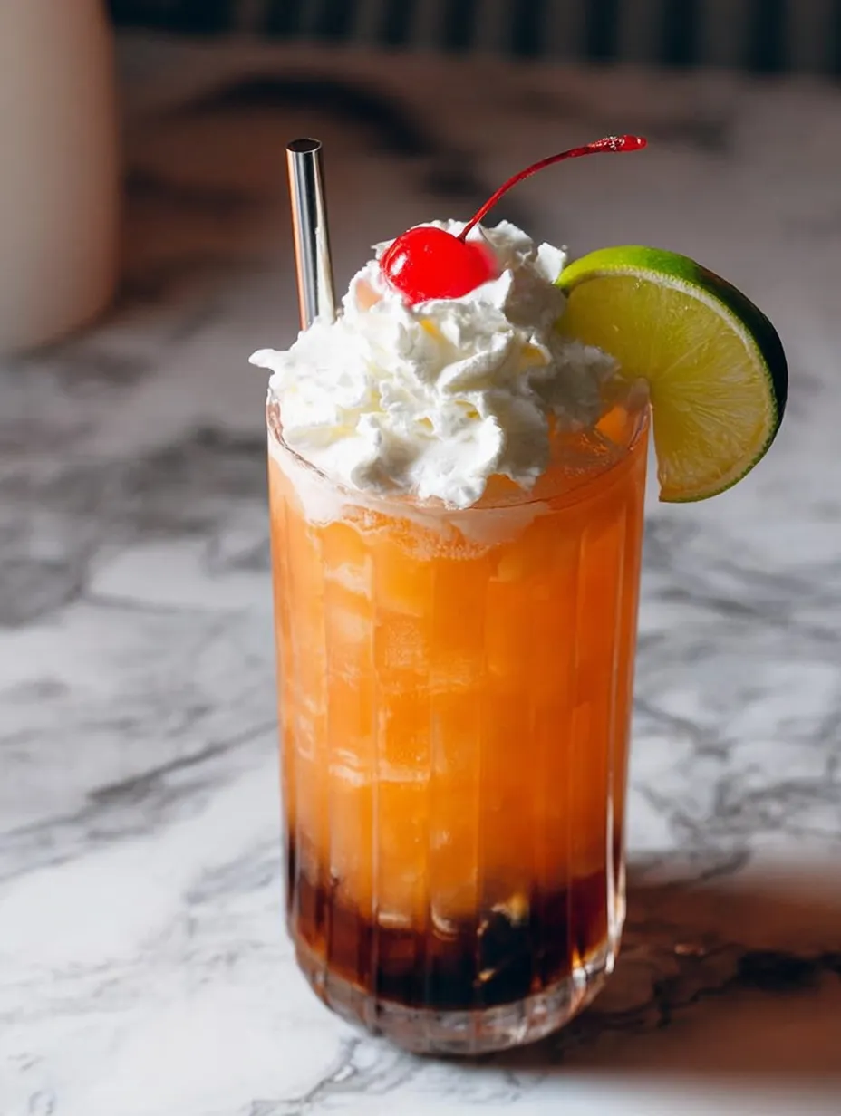 A glass of orange juice with a cherry on top.