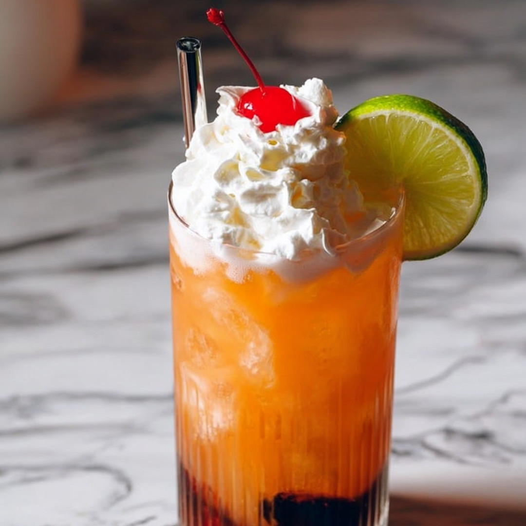 A glass of orange juice with a cherry on top.