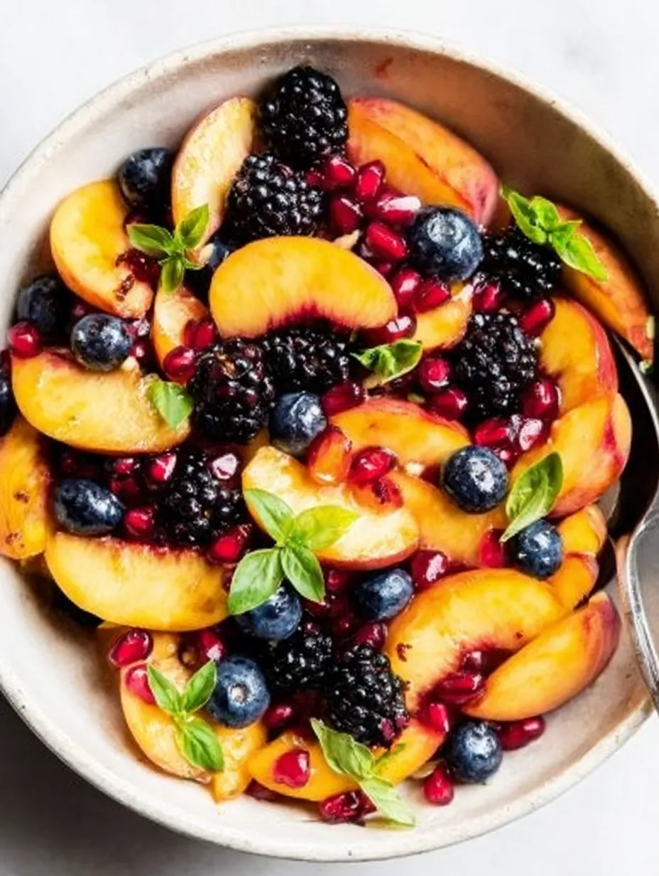 A bowl of fruit with blueberries, peaches, and blackberries.