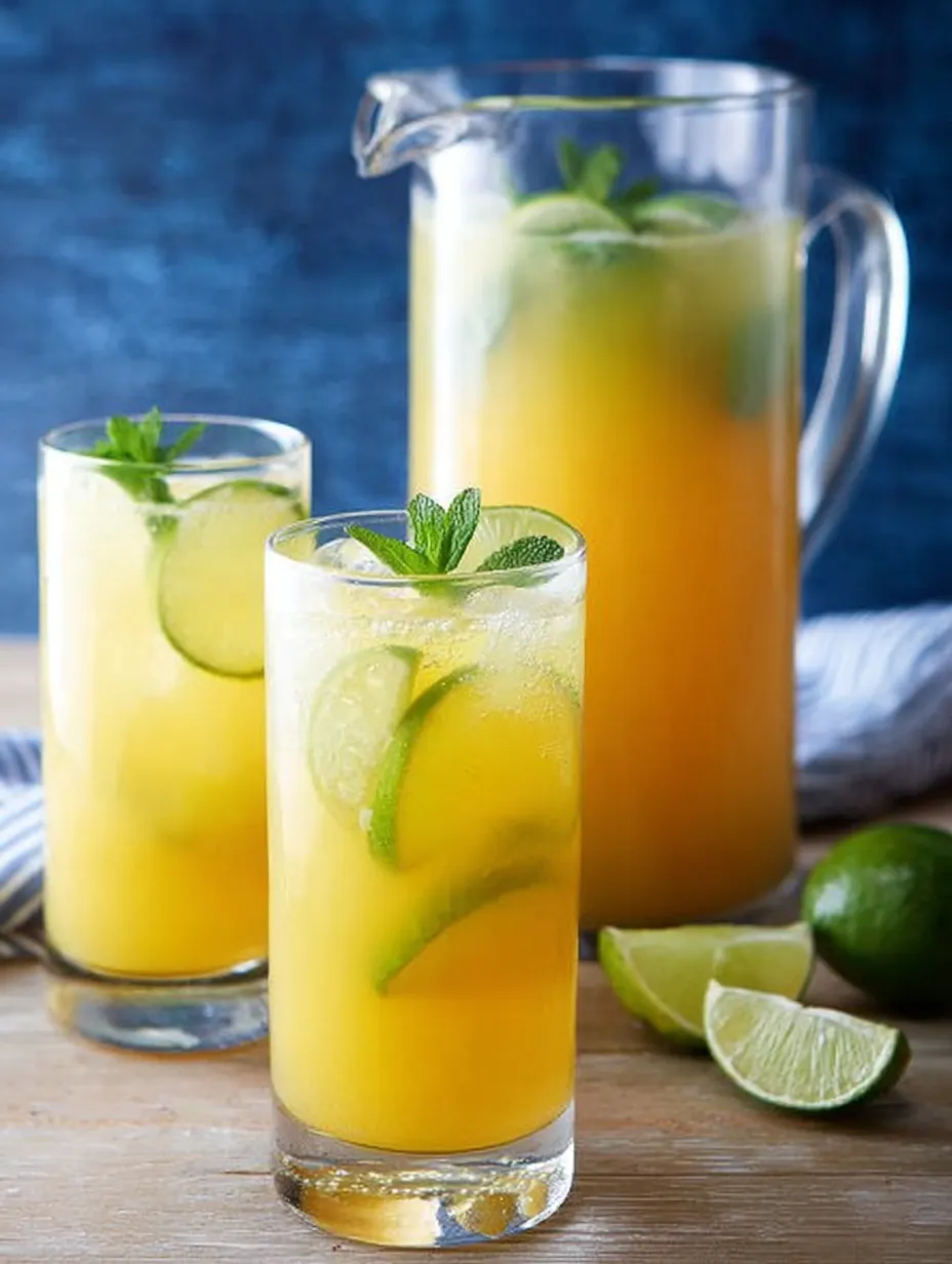 Two glasses of orange juice with limes on a table.