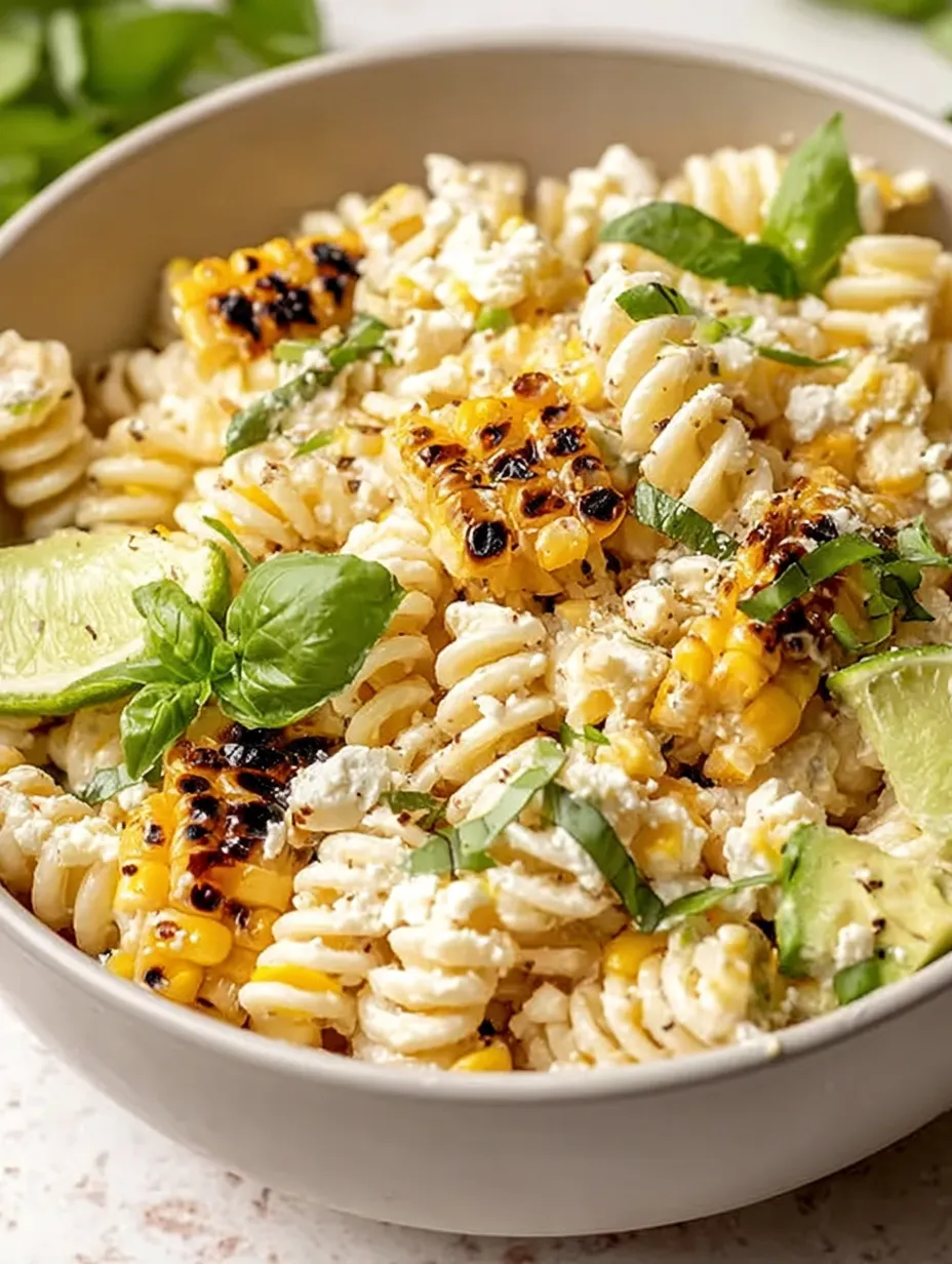 A bowl of pasta with corn and cheese.