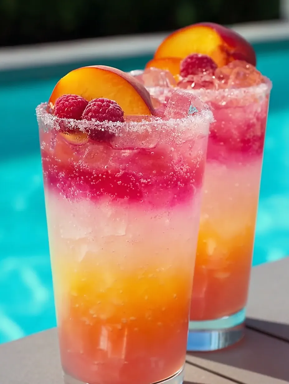Two glasses of peach and raspberry drinks.