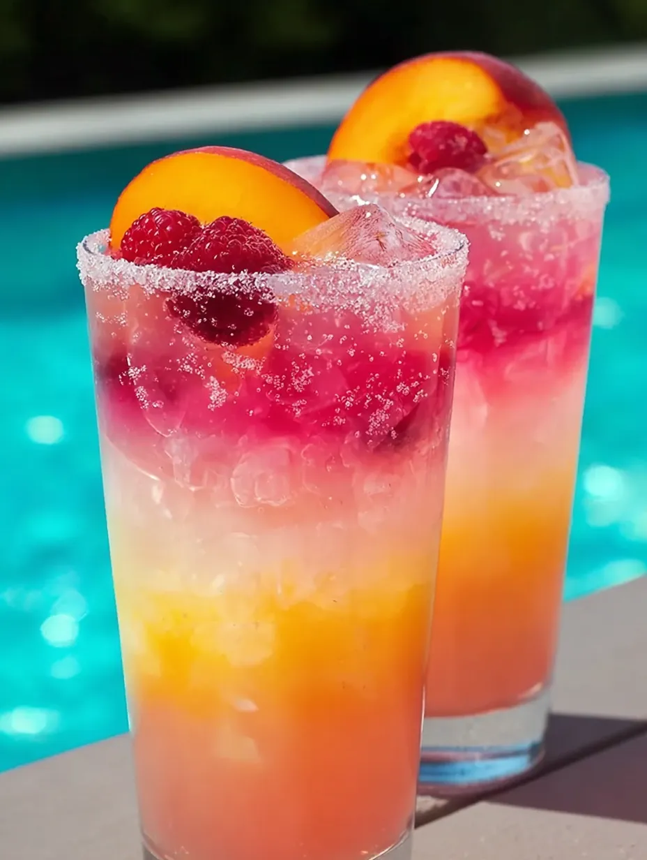 Two glasses of peach and raspberry drinks.