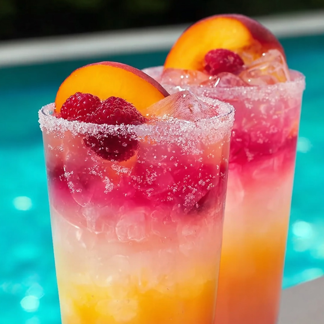 Two glasses of peach juice with raspberries on top.