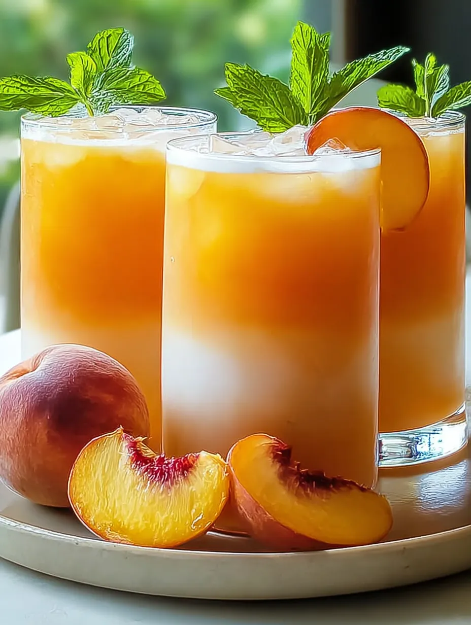 Two glasses of peach tea with peaches and mint leaves.