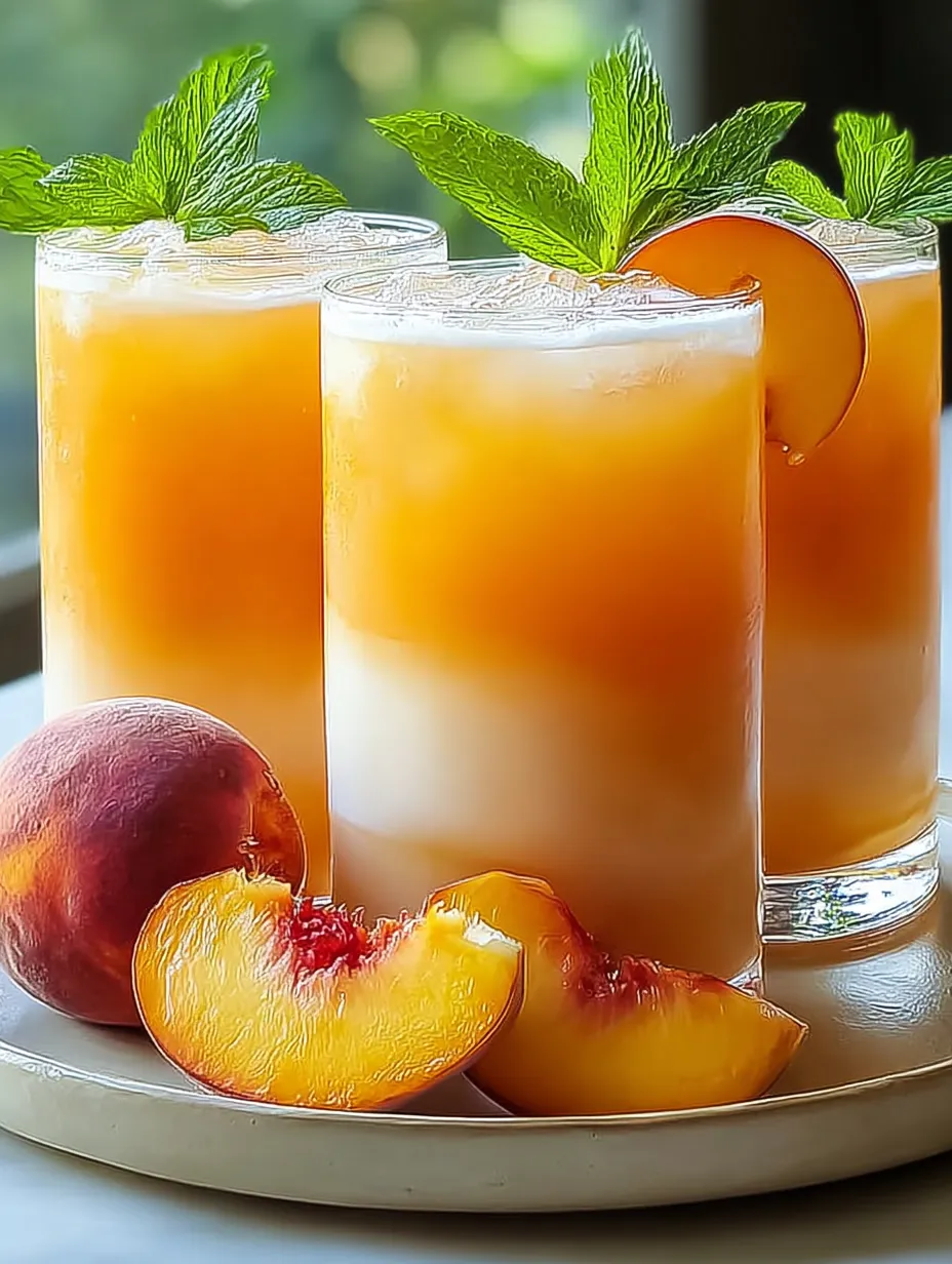 Two glasses of peach juice with a peach and mint garnish.