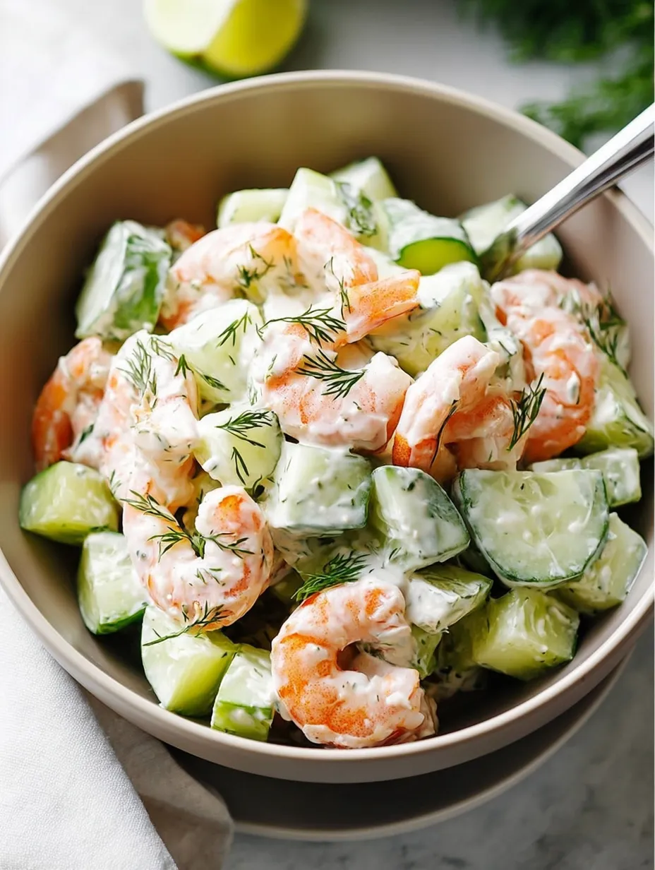 A bowl of shrimp salad with cucumbers.
